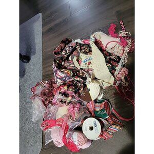 Granny Craft Sewing Lot Red Pink Burgandy Trims Ribbon Lace Fringe Remnants Vtg